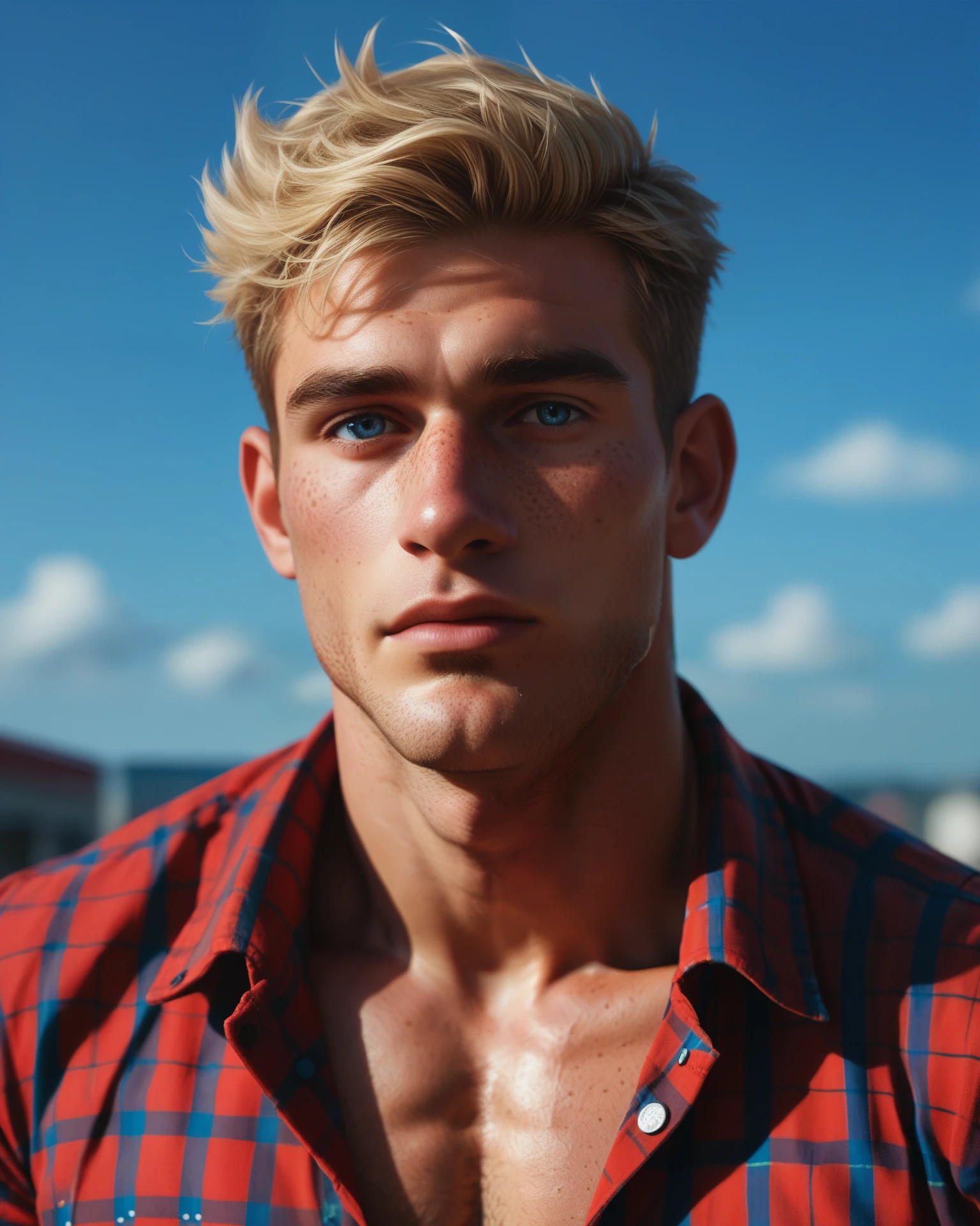 (zPDXL2), 8k, punctuation_9, punctuation_8_about, punctuation_7_about, yaoi, 1 boys, homosexual, detailded, really short hair, blond hair, freckles, blue colored eyes, freckles, freckles on body, Broad, muscular shoulders, Pectoral muscles, abdomen, vascular biceps and triceps, flannel shirt, cute, blond, boy face, cute face, perspective above, looking ahead at viewer, Raby, cloudy sky, street Raby, glamour shots_PDXL