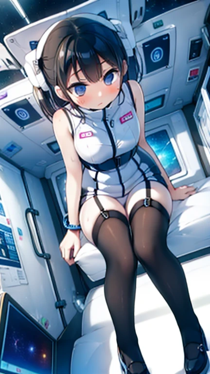 (Highest quality), (masterpiece), 1080P, High resolution, 4K, 8k, Inside the space station、Futuristic room、Thigh straps, Shooting from directly below, The woman on top of me, , 白いSweat, Covered , Sweat, Woman looking down, Skirt swimsuit, Thigh-high socks, To achieve this, 16 yearle body, Black leather shoes, Braided hair, Inner Color, Embarrassed face, Short black hair, bracelet, Bedroom,celestial body_Vest