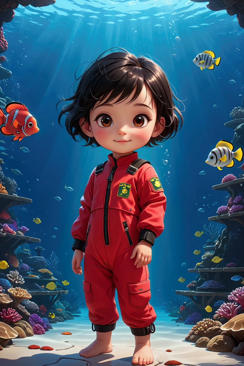 Diver on the platform,Guo Jingjing,Bblack hair,looking at the camera,background red,Disney style,contour lighting,art 3d, c4d rendering,spirited,8K resolution,super detaill,best quality I'm a 2 year old baby with short hair, thin and brown, bangss, and a little hole in my cheek that appears when I smile. My eyes are big and black like jaboticabas, my skin is Brazilian white, and I wear red clothes with black dots.