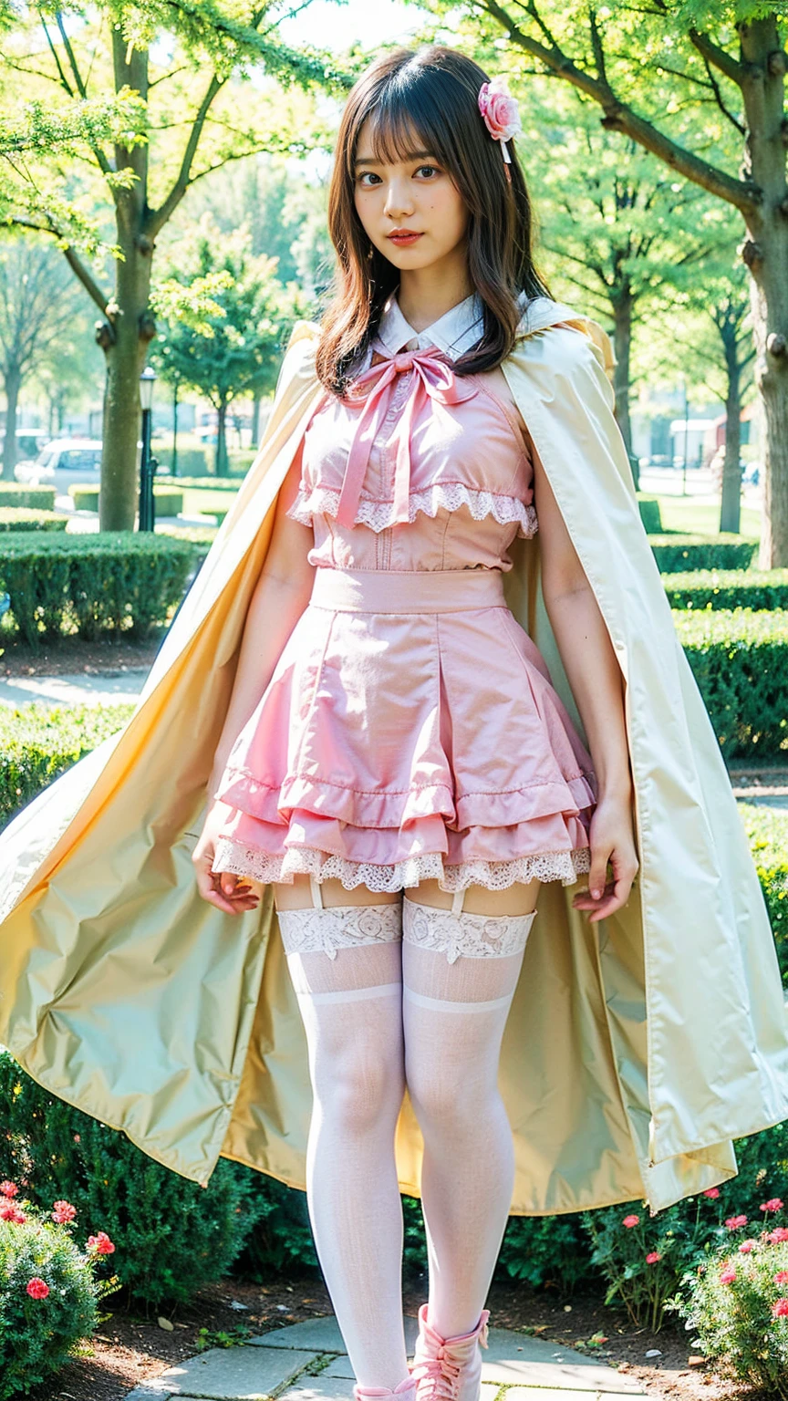 (8k、RAW Photos、Highest quality、masterpiece:1.2)、(Realistic、Realistic)、1 girl、((White Mini Skirt、Pink dress、See-through、Frills、Cape、Medium Hair、Pretty Cure Costume、See through、tights、ribbon、boots、Accentuate your breasts、whole body、garden、View from the front、Looking into the camera、Stand with hands on hips))、