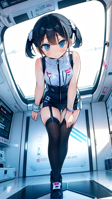(Highest quality), (masterpiece), 1080P, High resolution, 4K, 8k, Inside the space station、Futuristic room、Thigh straps, Shooting from directly below, The woman on top of me, Nipples, 白いSweat, Covered , Sweat, Woman looking down, Skirt swimsuit, Thigh-high socks, To achieve this, 16 years old, , whole body, Black leather shoes, Braided hair, Inner Color, Embarrassed face, Short black hair, bracelet, Bedroom,celestial body_Vest
