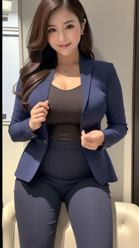 ((highest quality, 8k, masterpiece, Portraiture: 1.3)), (Watching the audience), (Full Shot:0.85), Attractive Mature Woman, 1 person, A little chubby:0.35,Brown semi-long、 white blouse with collar,Grey tight skirt、((big breasts 2.3)) (Large pelvis:0.8), (sitting in an office chair)), smile:0.2, President'office,Good posture、(((Mature Woman))), (((56 years old)))evening、In a dimly lit office、