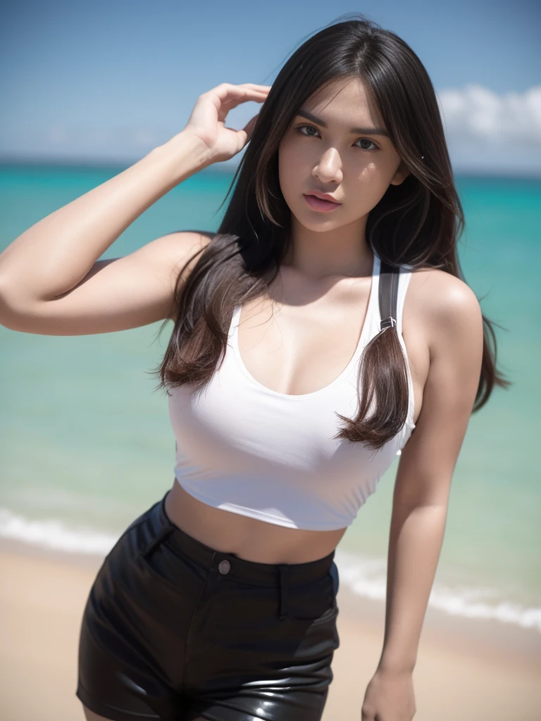 1girl, solo, (uniform), standing, at the beach, beautifully ocean scenery, detailed face, cute angry face, detailed eyes, thick breasts, smooth realistic skin, black tight latex tanktop, black latex hot pants, looking at the audience, low angle shot,(8k, RAW photo, best quality, masterpiece: 1.2), (realistic, realistic: 1.37), ultra-high resolution
