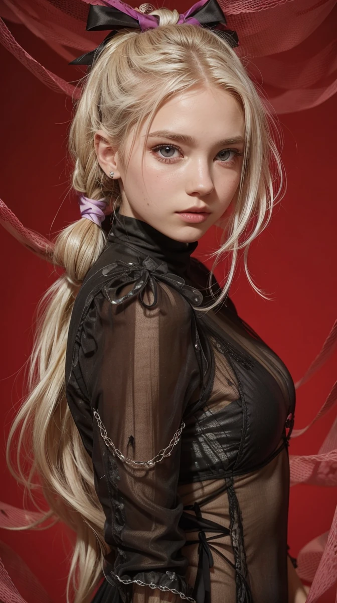 18-year-old woman with white-blond hair, wearing a white dress with purple details, with high hair tied with a fuchsia-colored ribbon hanging in loose ends