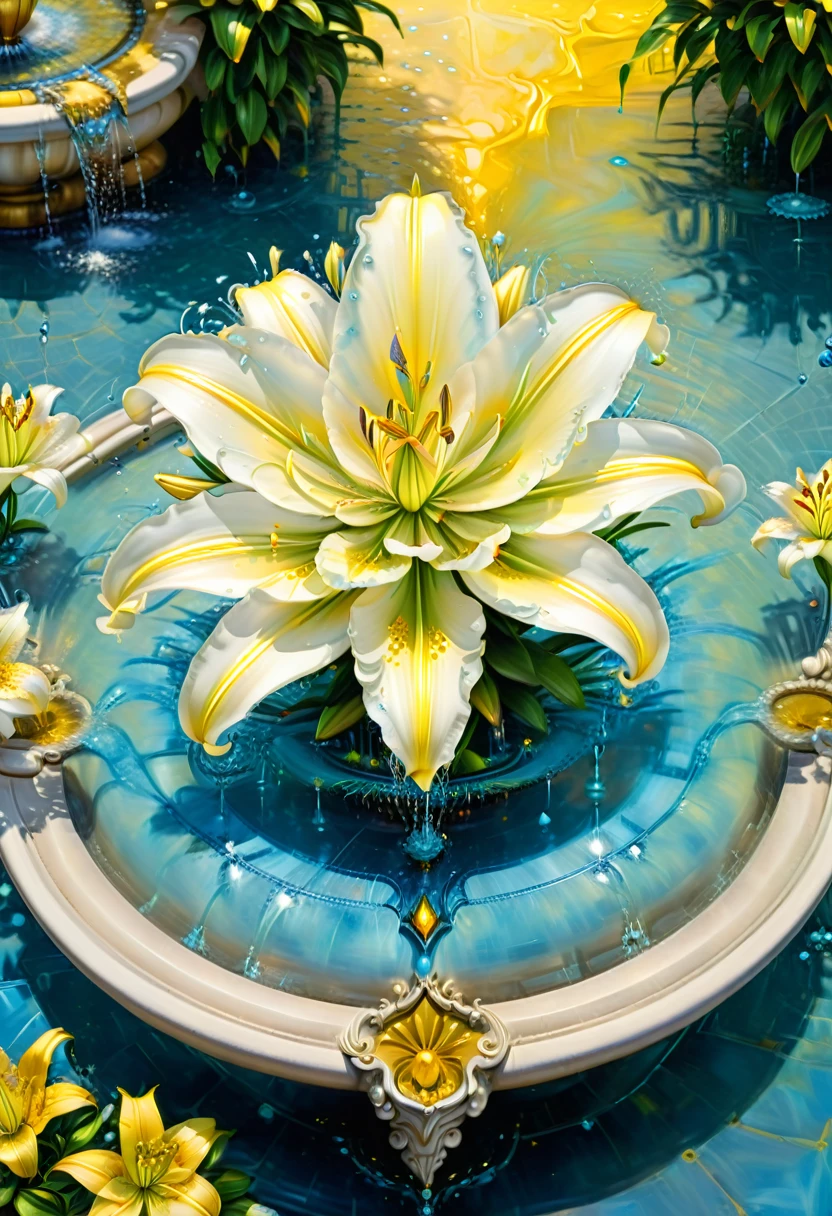 lily, purity, fountain, mostly blue tones and small details in yellow, ornamental art, photorealism, 4D, 8k, futuristic photo frame, arte high tech, fountain, abstract impressionism