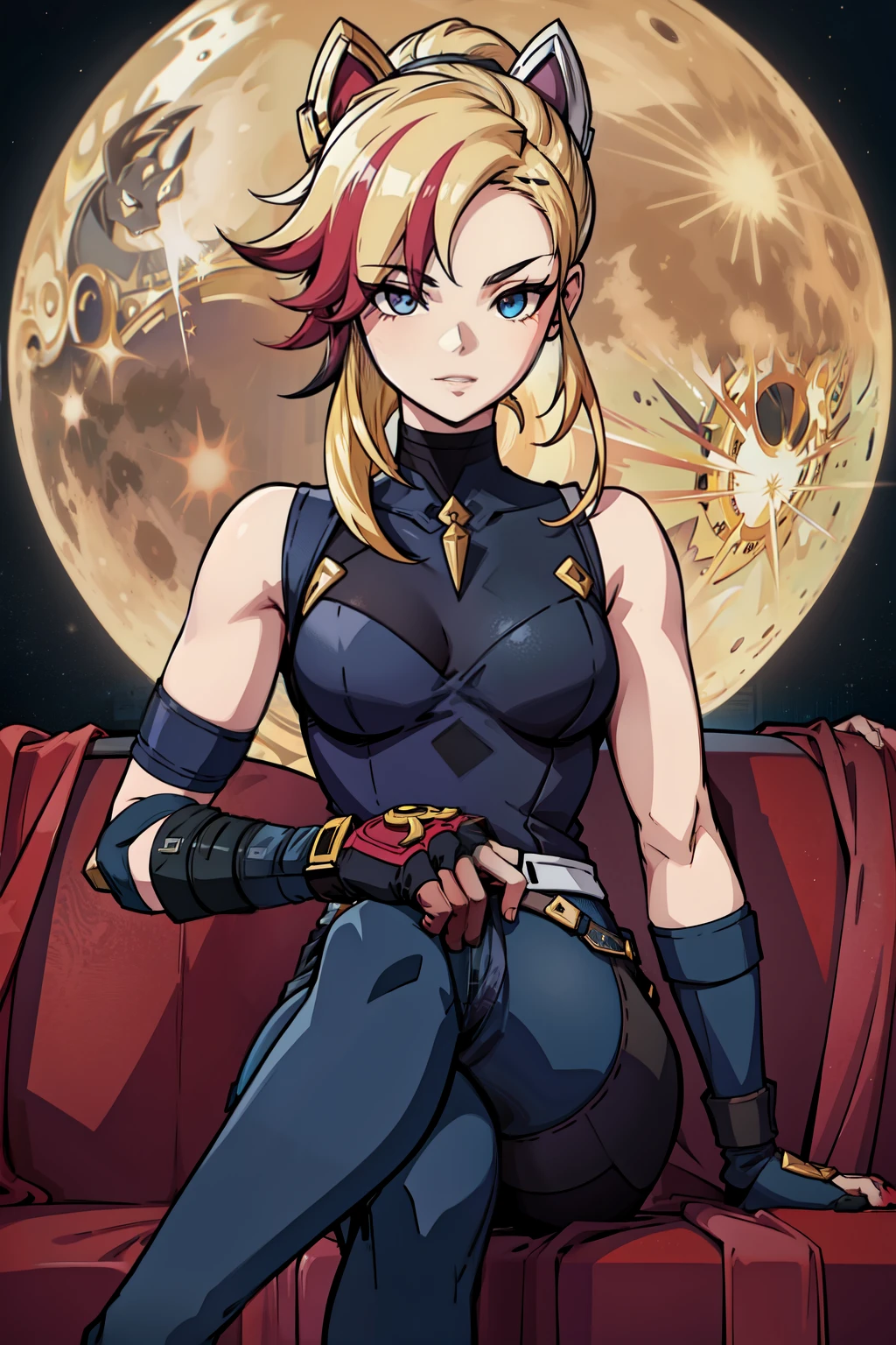 (masterpiece, best quality:1.2), red glowing eyes, red eyes, the eyes are red, perfect face, strong make up, highres, 1 girl, ultra long ponytail, (female:1.5), strife, blonde hair streaked with lots of red highlights, two colors hair (blond and red), hight flame mistress outfit, shoulder armor, sleeveless turtleneck, suspenders, belt, gloves, bracer pre potent smile, crossing legs, crossing arms , evil smile, evil pose, sitting, portrait, looking at viewer,  Her hair is streaked with lots red and blonde highlights, moon tribal tattoo.