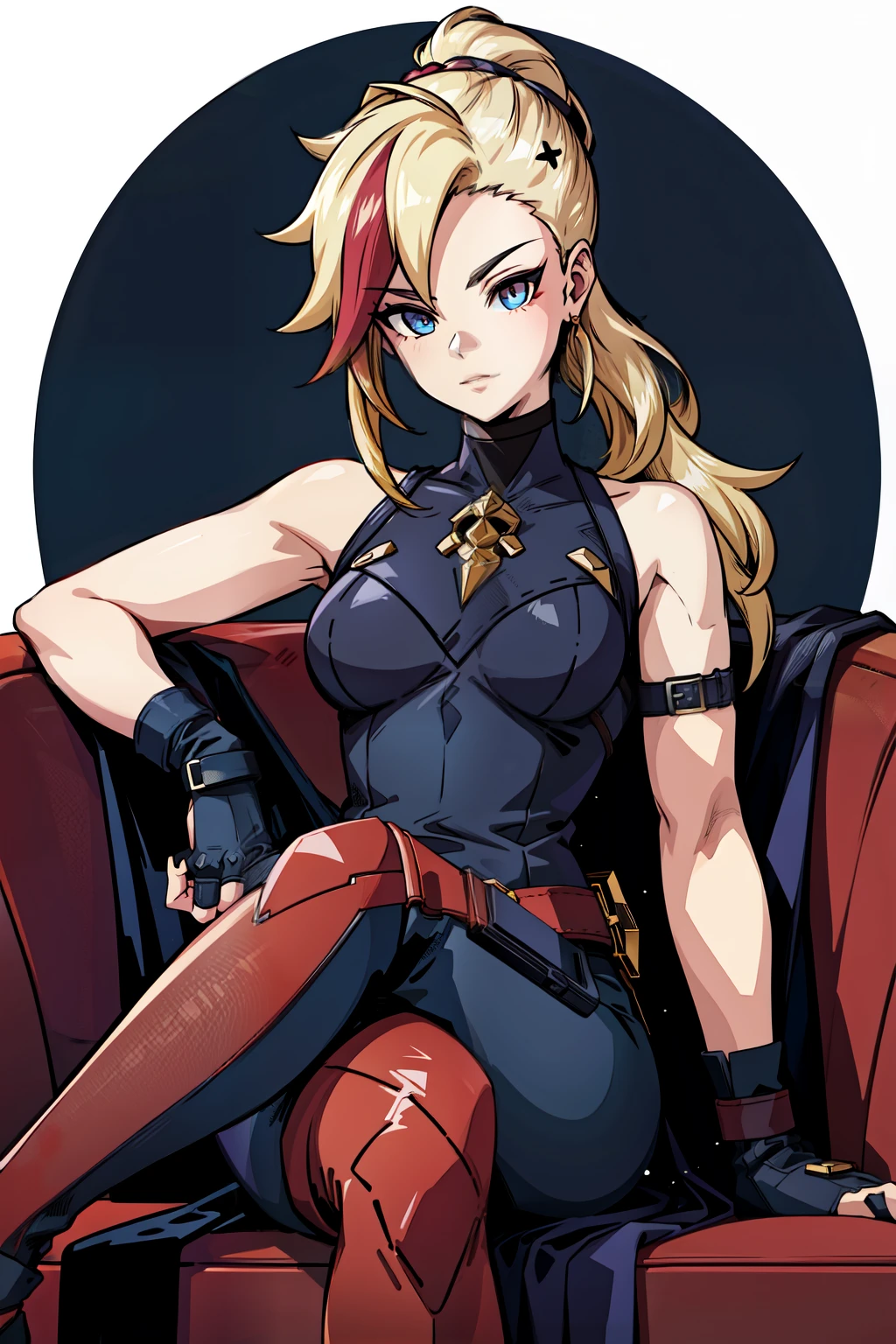 (masterpiece, best quality:1.2), red glowing eyes, red eyes, the eyes are red, perfect face, strong make up, highres, 1 girl, ultra long ponytail, (female:1.5), strife, blonde hair streaked with lots of red highlights, two colors hair (blond and red), hight flame mistress outfit, shoulder armor, sleeveless turtleneck, suspenders, belt, gloves, bracer pre potent smile, crossing legs, crossing arms , evil smile, evil pose, sitting, portrait, looking at viewer,  Her hair is streaked with lots red and blonde highlights, moon tribal tattoo.