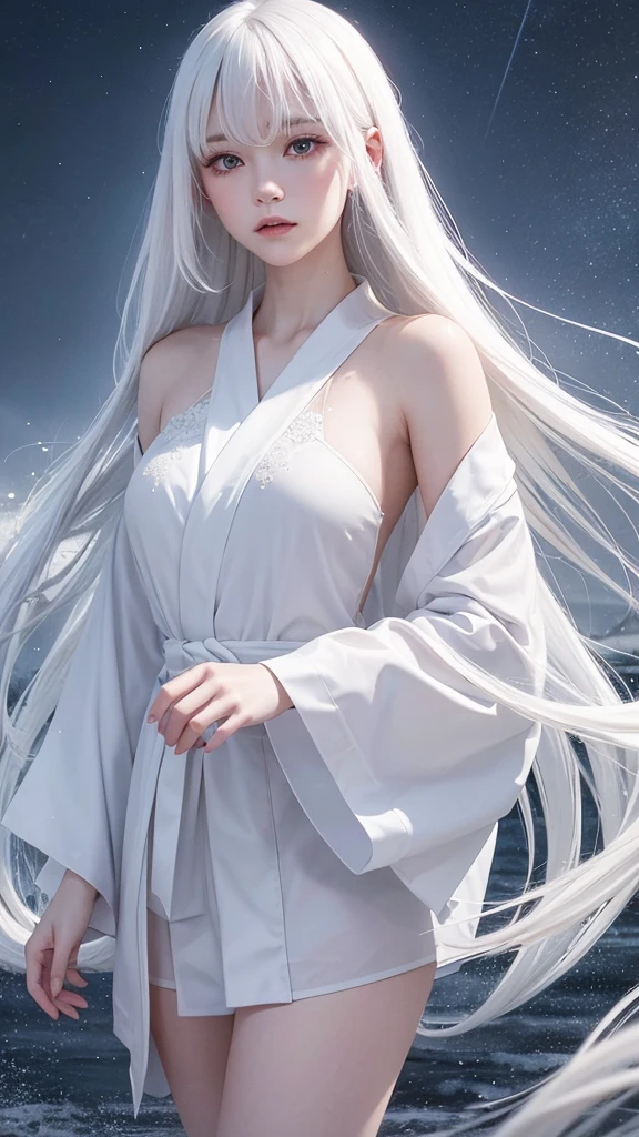 Delicate and dainty young woman with long glossy white hair. She is wearing a white only short thigh-baring kimono. The background is a fantastic and ethereal night sky with a heavy snowstorm. Her expression is stern and atmospheric. Strong winds.