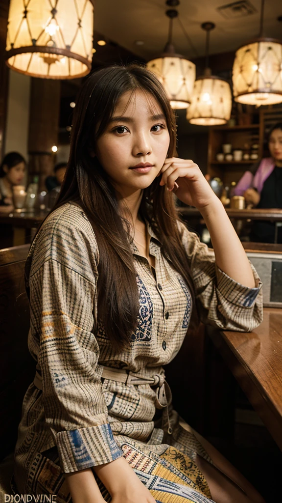 Sowon from GFriend dressed in batik, sitting gracefully in a cozy café in the late afternoon, taken with a DSLR camera with a 35mm lens, ambient lighting, candid photography style