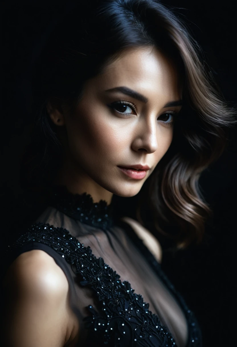dark shot, film grain, A close up of a woman in a beautiful black dress and a black background, ultra clear