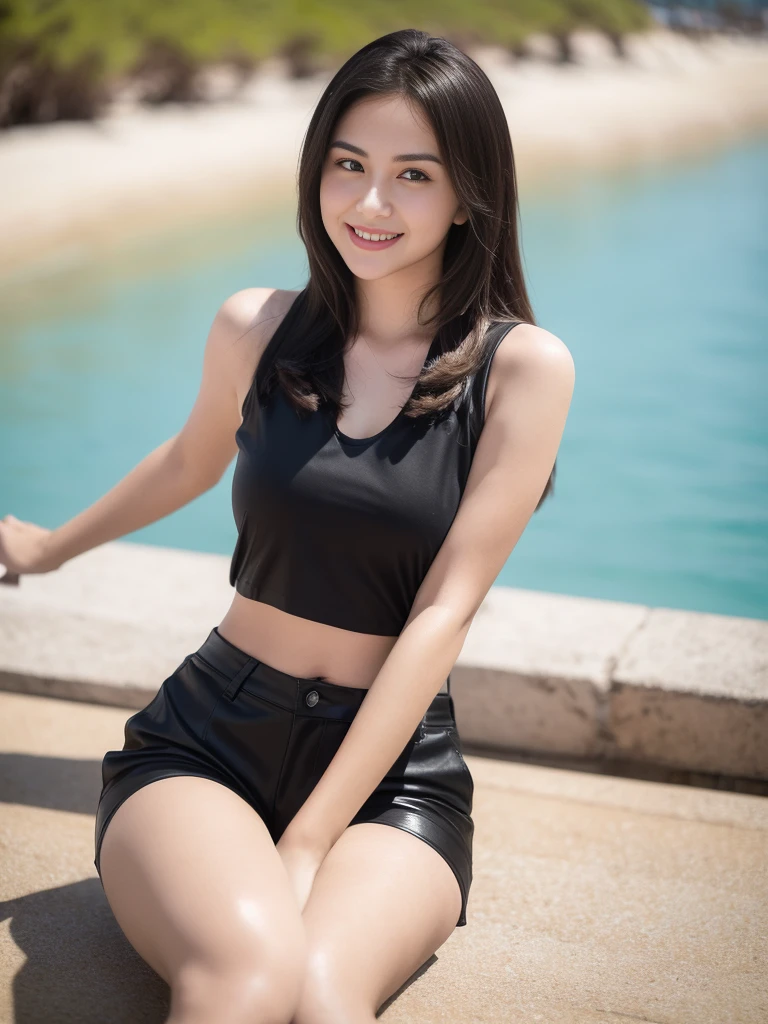 1girl, solo, (uniform), standing, at the beach, beautifully ocean scenery, detailed face, cute little smile, detailed eyes, thick breasts, smooth realistic skin, black tight latex tanktop, black latex hot pants, looking at the audience, low angle shot,(8k, RAW photo, best quality, masterpiece: 1.2), (realistic, realistic: 1.37), ultra-high resolution