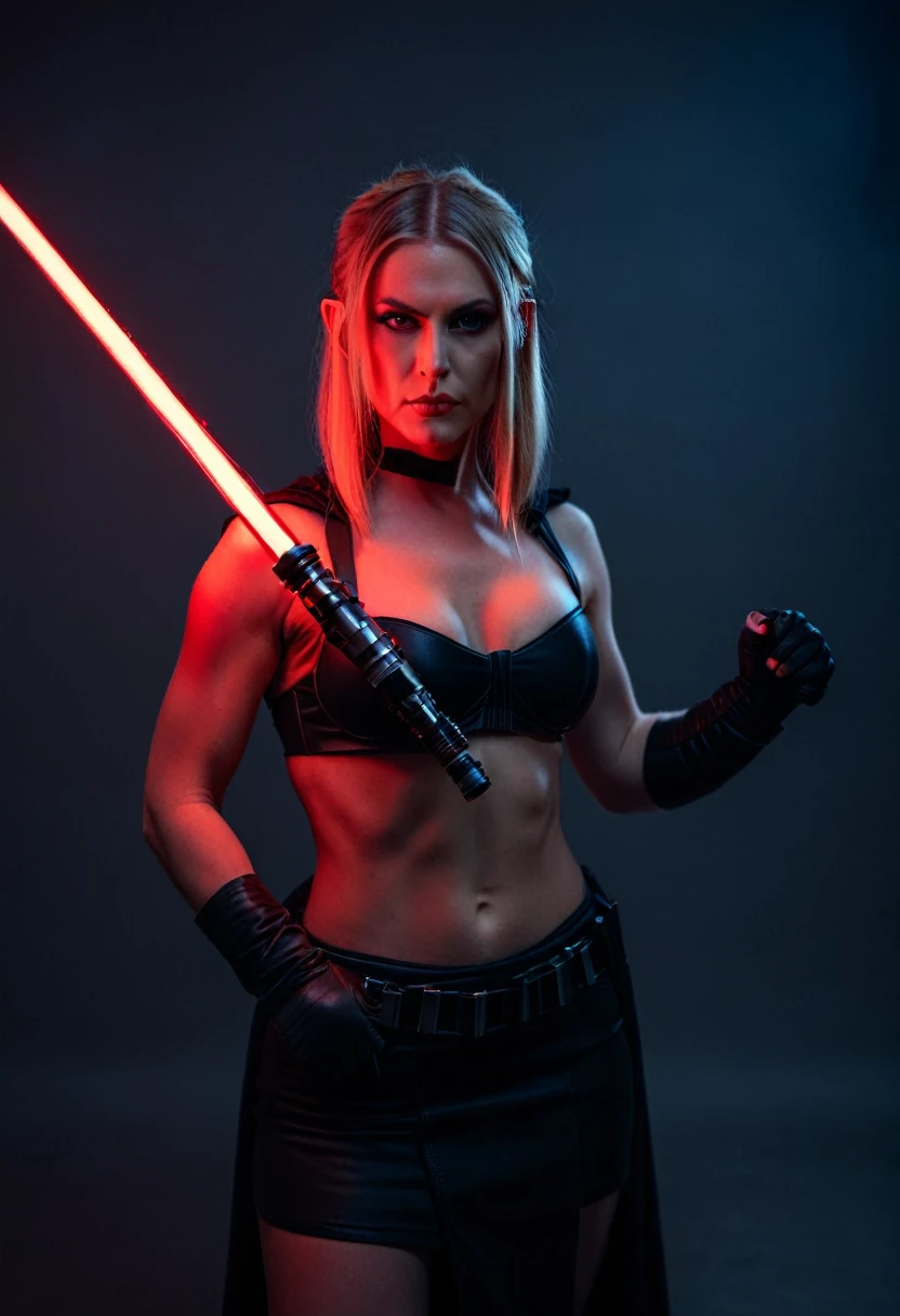 professional photograph of a 31 year old model, by Peter Hegre, photography studio,__perspective__, beautiful evil slavic muscular woman, pale skin, long hair, Sith Lord, cute face, red skin, fit body, holding one red light saber in her hand, wearing a black crop top with a hood:1.4, black skirt, darth talon:0.7, at the starship, cozy, Star Wars, j j abrams, photorealistic, sharp focus, depth of field, vogue magazine, fashion photo, cinematic lighting, rim light, cozy:1.2, neon