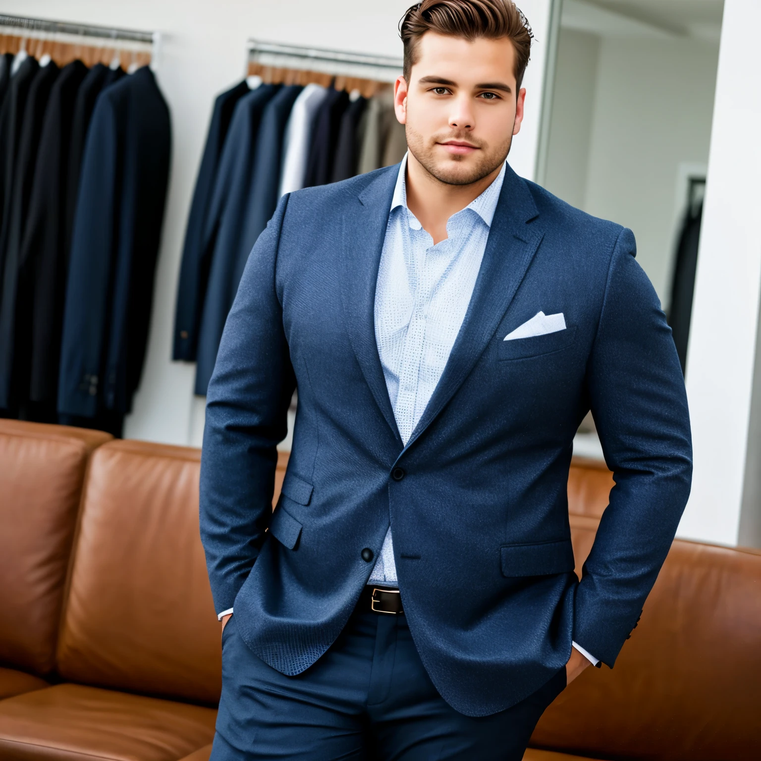 A 4k detailed hyperralistic photograph of a well dressed plus sized male model looking into the camera modeling fashionable business casual clothes.