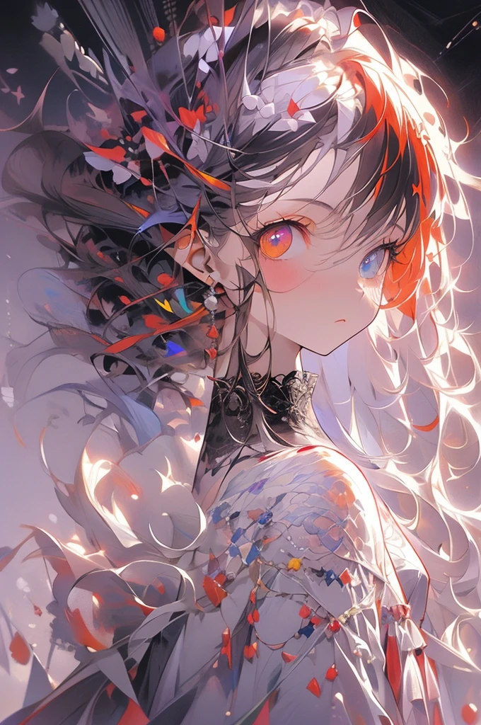 , (masterpiece:1.2), best quality,midjourney,
1girl, solo, long hair, white hair, looking at viewer, long sleeves, black dress, dress, own hands together, ahoge, very long hair, shirt, bangs, red hair, hair ornament, heterochromia, multicolored hair, pointy ears, purple eyes, white background, white shirt, closed mouth