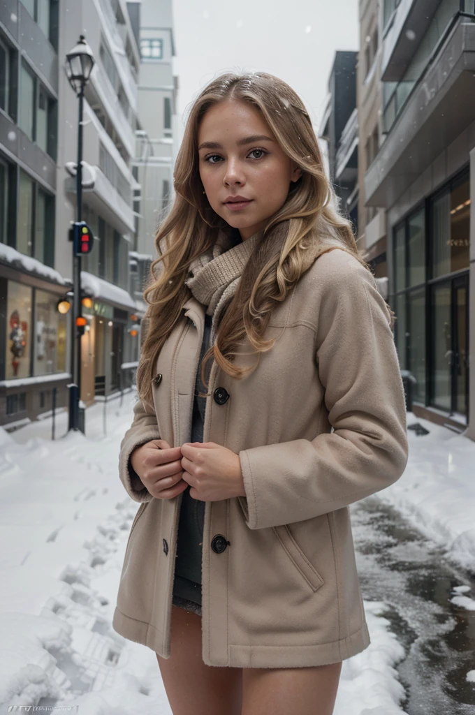 professional portrait photograph of a gorgeous Norwegian girl in winter clothing with long wavy blonde hair, sultry flirty look, gorgeous symmetrical face, cute natural makeup, wearing elegant warm winter fashion clothing, ((standing outside in snowy city street)), stunning modern urban environment, ultra realistic, concept art, elegant, highly detailed, intricate, sharp focus, depth of field, f/1. 8, 85mm, medium shot, mid shot, (((professionally color graded))), bright soft diffused light, (volumetric fog), trending on instagram, hdr 4k, 8k