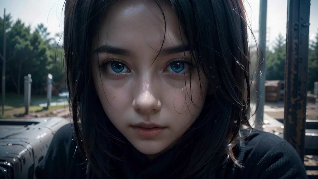 One woman, approximately 25 years old, in loose, lightweight black clothing, wearing a prominently visible balaclava, hanging by one hand from a rusted metal structure. She has striking blue eyes, adding to the eerie atmosphere. The background is randomly generated, adding an unpredictable element to the scene, with a sense of mystery and solitude. The woman's face and other visible parts of her body are rendered with maximum detail and high quality. The image evokes a suspenseful mood, with a close-up shot, shallow depth of field, and soft, diffused lighting. Dark atmosphere, with an element of randomness in the environment.