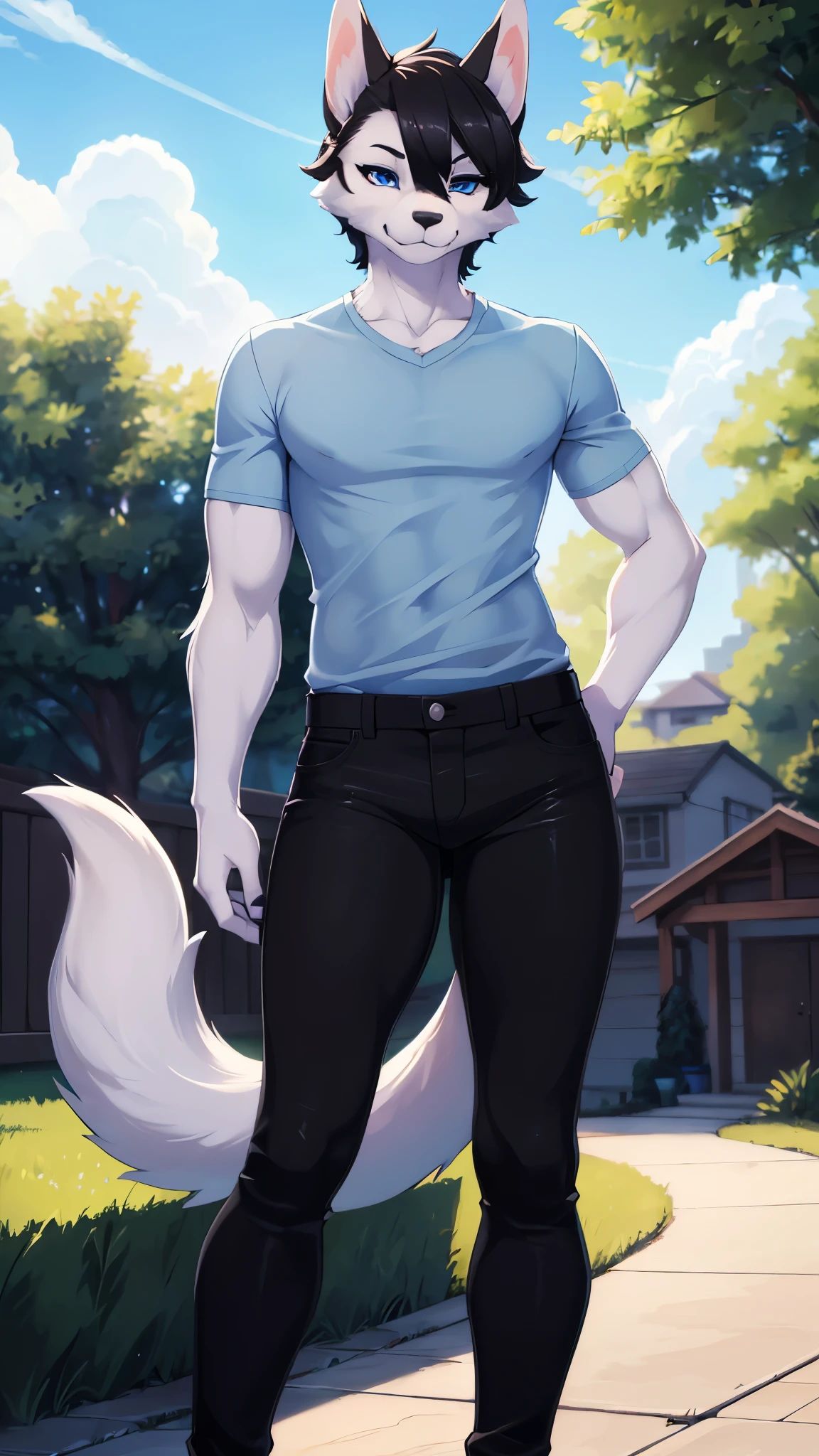 {{male, anthro, wolf, (black grey) fluffy mane, fluffy fur, green eyes, black short hair, long snout, long fluffy tail}}, {{detailed fluffy fur}}, by bebebebebe, by lostgoose, by goonie-san, nude, balls, veiny penis, smirkimg, smug expression, alleyway, city, plantlife, greenery, brick walls