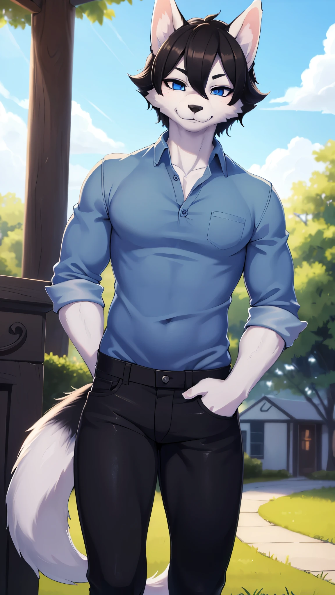 Sexy Posing, 1male, 30 years old, cute, eyeliner, short black hair, biting lip smile, light blue shirt, anthro, husky dog, front yard background, 8k, hi res, (best quality, masterpiece), blue eyes, standing, husky tail, black jeans, seductive.