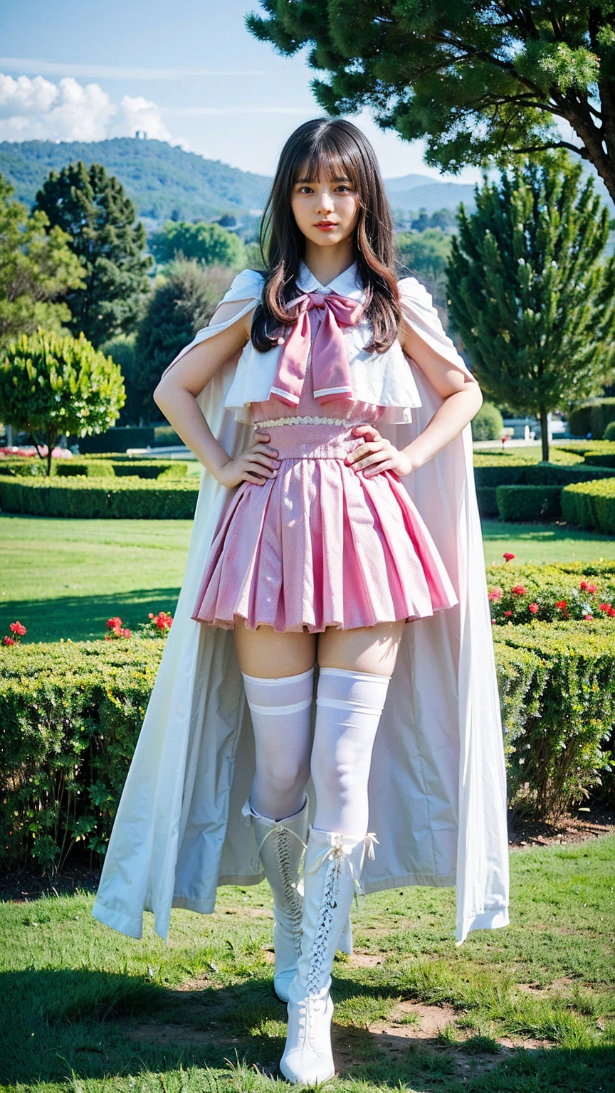 (8k、RAW Photos、Highest quality、masterpiece:1.2)、(Realistic、Realistic)、1 girl、((White Mini Skirt、Pink dress、See-through、Frills、Cape、Medium Hair、Pretty Cure Costume、See through、tights、ribbon、boots、Accentuate your breasts、whole body、garden、View from the front、Looking into the camera、Stand with hands on hips))、