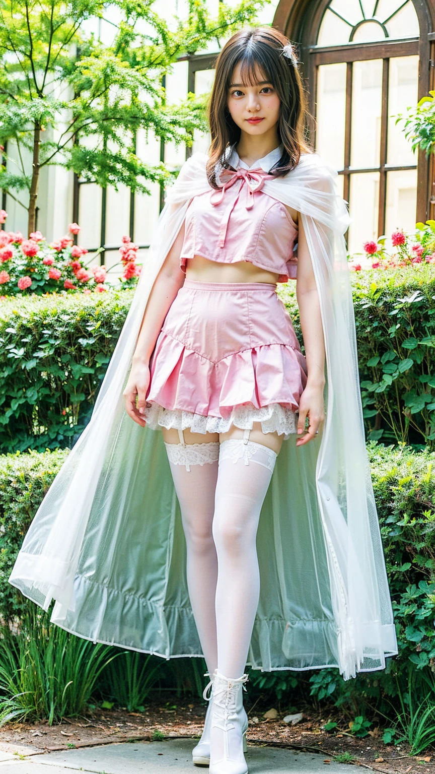(8k、RAW Photos、Highest quality、masterpiece:1.2)、(Realistic、Realistic)、1 girl、((White Mini Skirt、Pink dress、See-through、Frills、Cape、Medium Hair、Pretty Cure Costume、See through、tights、ribbon、boots、Accentuate your breasts、whole body、garden、View from the front、Looking into the camera、Stand with hands on hips))、