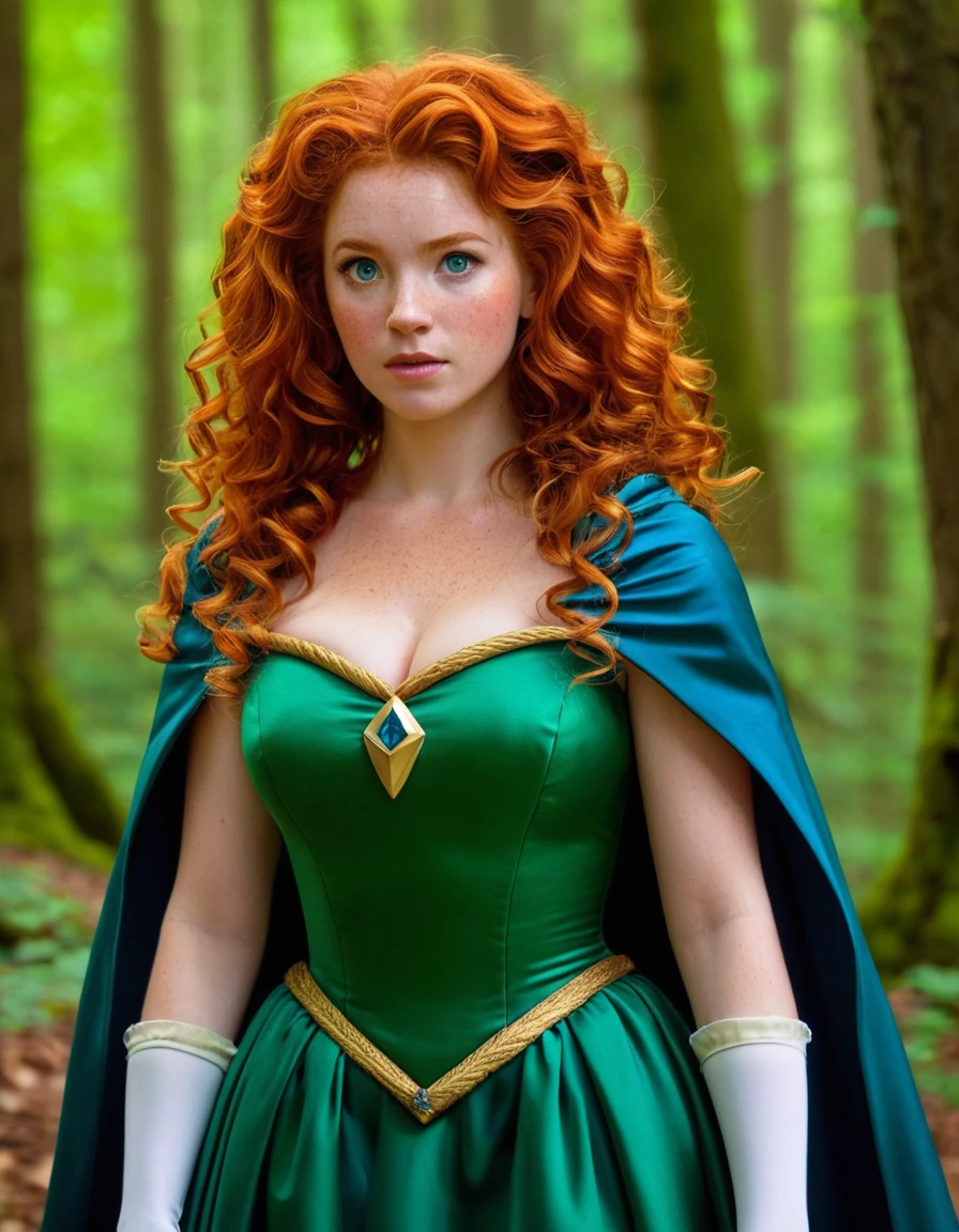masterpiece, best quality, expressive eyes, perfect face, looking at viewer, large breast, big breast, small waist, , Best Quality, Realistic, perfect figure, highly detailed, showing cleavage, dressed as merida from brave, Red curly hair, big hair, blue eyes, Green outfit, in the forest, bow and arrow, detailed dress, freckles on her face, cheek blush, big puffy hair, very curly hair, castle in the bakcground, wearing a green cape, large nipples, short dress white stockings, garter, full body portrait