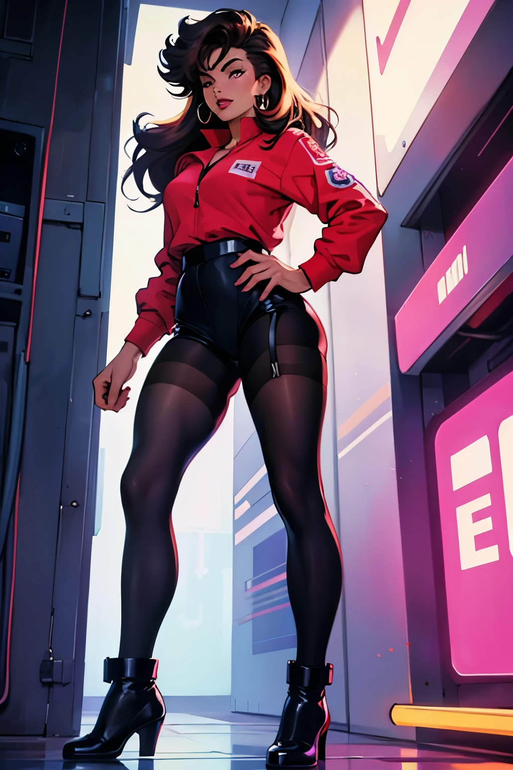 DRESSED KELLY LEBROCK in full length from the movie "Oh Science 1985", 80's, nylon tights with straps, full detail tights women&#39;s jacket, vintage, the aesthetics of old cinema, 80s hairstyle, Messy voluminous curls, photo grain