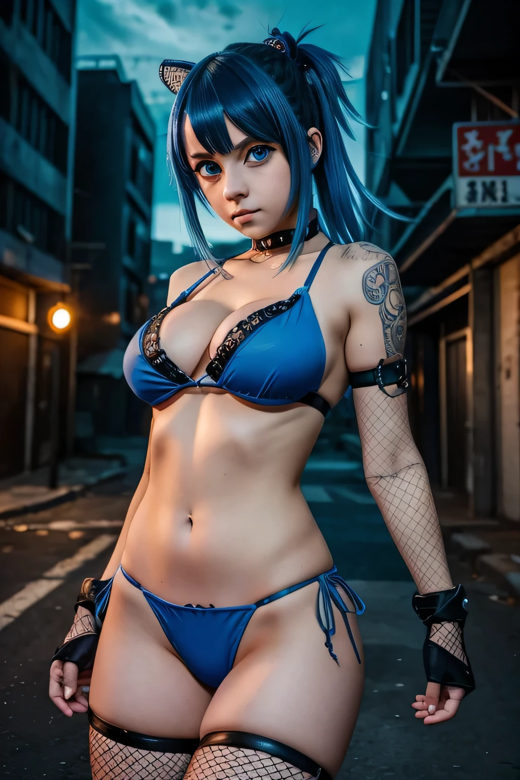 Cute punk anime teen wearing micro bikini cosplay fit body big breasts round tits fishnet outfit nightscene postapocalyptic ((blue, big eyes))
