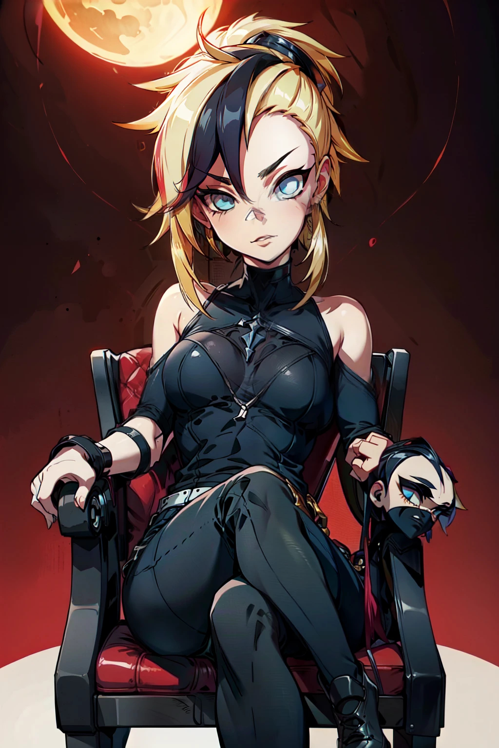 (masterpiece, best quality:1.2), red glowing eyes, red eyes, the eyes are red, perfect face, strong make up, highres, 1 girl, ultra long ponytail, (female:1.5), strife, blonde hair streaked with lots of red highlights, two colors hair (blond and red), hight flame mistress outfit, shoulder armor, sleeveless turtleneck, suspenders, belt, gloves, bracer pre potent smile, crossing legs, crossing arms , evil smile, evil pose, sitting, portrait, looking at viewer,  Her hair is streaked with lots red and blonde highlights, moon tribal tattoo.