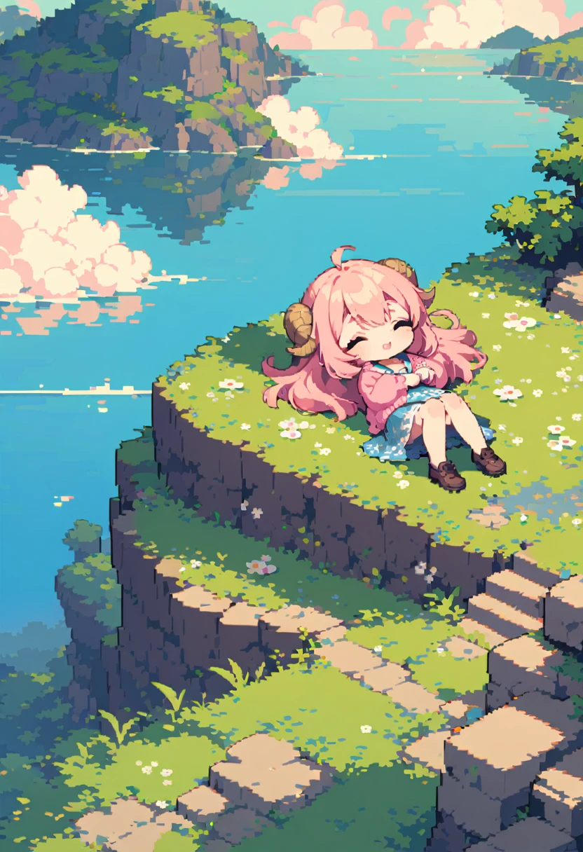 masterpiece, Highest quality, 8k, Pixel art, Vivid, woman, 若いwoman, Sleeping with a smile, cute, Facing at an angle, Open your mouth, Fluffy, long, sheep-like hair, Hair like sheep's hair, Pink Hair, Thick eyebrows, one piece, Pink clothes, Long skirt, cardigan, 水色のcardigan, Brown shoes, ((巨大なcute羊)), afternoon nap, grassland