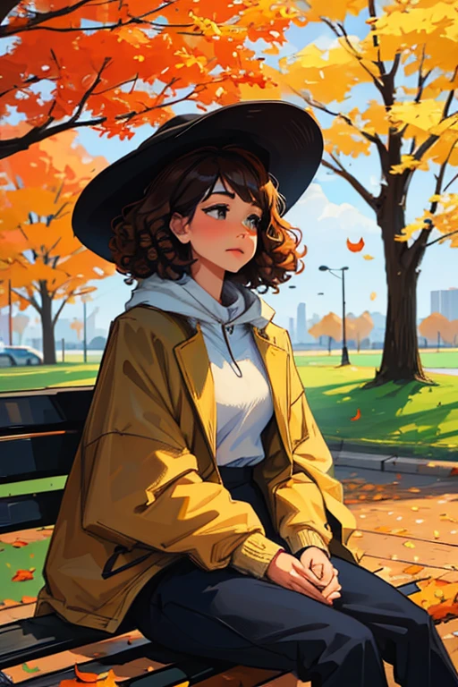 A sad curly woman, on a cloudy day sitting on a park bench, tree leaves fall around