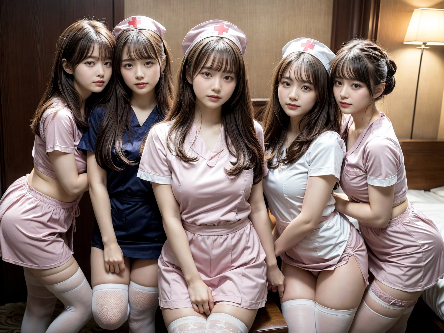 masterpiece, best quality, illustration, Super detailed, fine details, High resolution, 8K,wall paper, perfect dynamic composition,(Details High quality, realistic depiction of eyes:1.3), (3 girls), ((nurse cap, short sleeves, light pink nurse wear, ((white legwear, zettai ryouiki)))), sitting, open legs, short bob hair, in a hotel room in the background, deep on field, large breasts, black hair color, Big Natural Color Lip, (perfect body shape), crying a little、Harajuku style、20 year old girl、cute type、beautiful legs, Gravure Idol
