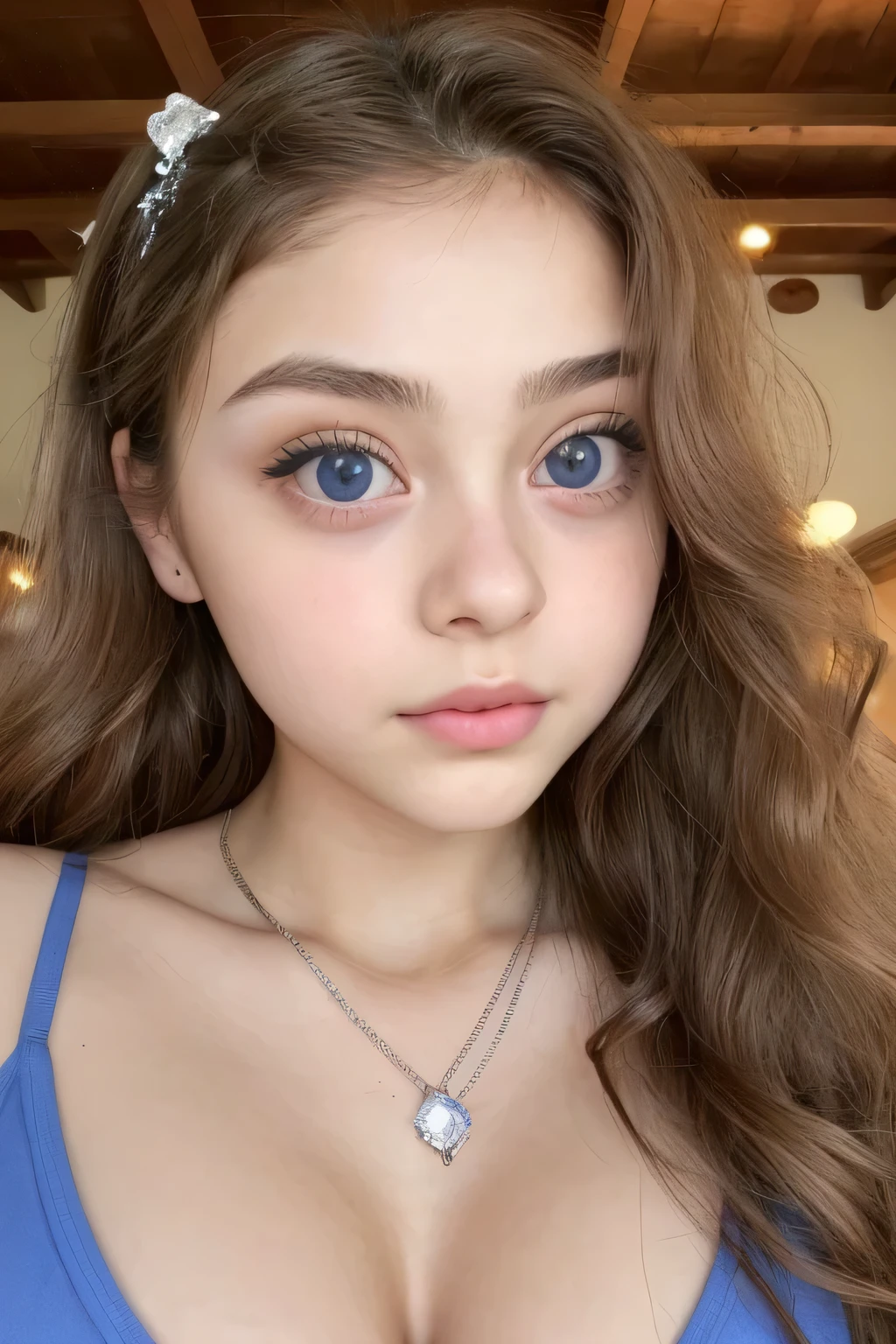 female ((14 years old)), hair ((long, Wavy, rosa)), eyes ((blue, big eyes)), CLOTHES ((CLOTHES interior estampada)), Accessories ((A lot, diamond necklace, hairpin)), gigantic chest, big tits, OPPAI, classic house ((ceiling)), seductive face, neckline, Mantones, labios reyes, Bold makeup, Make eye contact with the camera, Micro bikini, cleavage,、The details of the iris of the pupil are very surprising、Limbs without breakdowns、white teen、Naturally closed mouth、Areola natural、natural 、eyes fijos、natural body、Slightly baby face、female face、femenine body、with round face、a small face、soft cheeks、Looking at the camera、full bodybian、detachment、Balanced face、Slightly internal strabismus、
