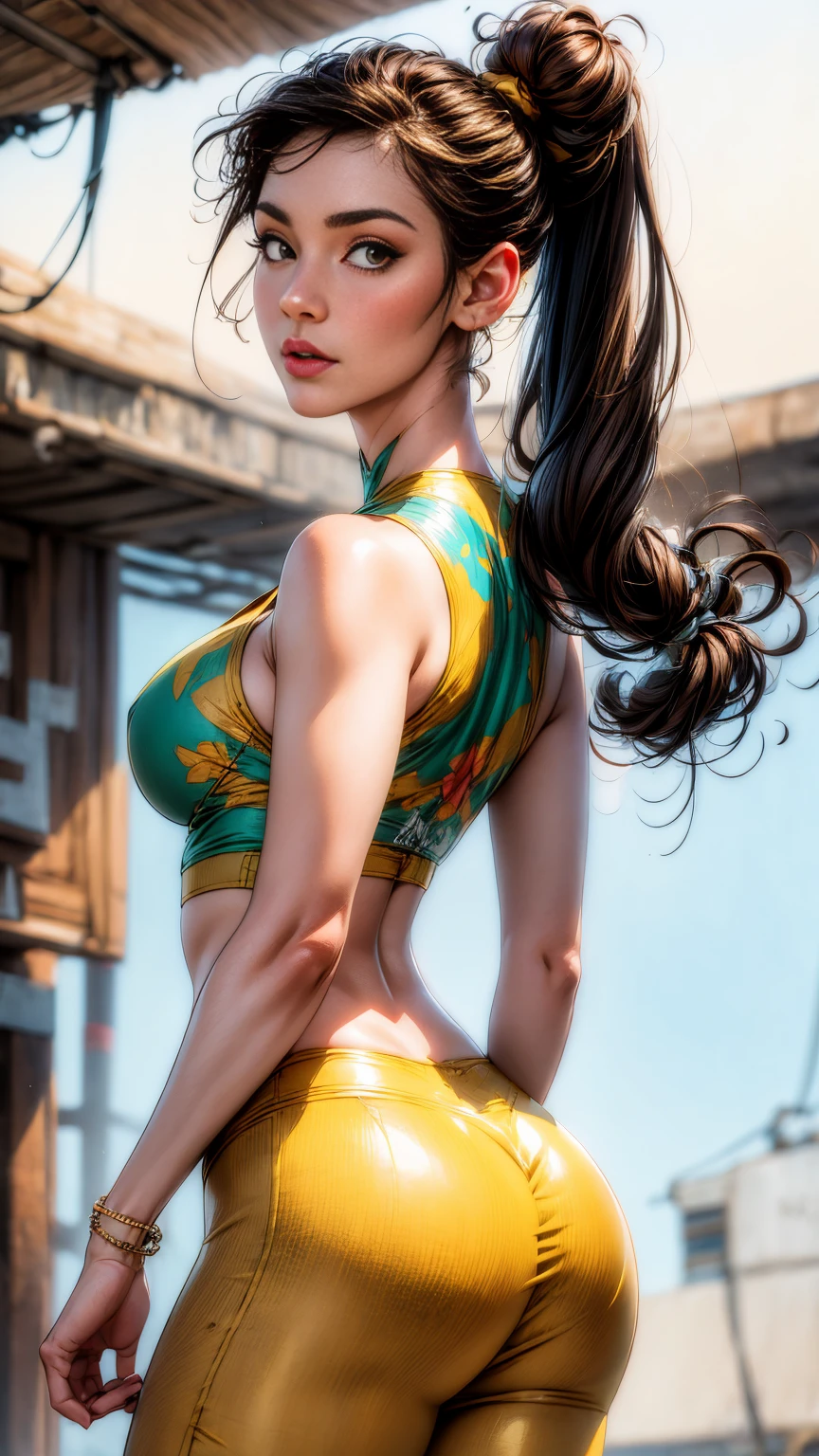 a beautiful woman, hazelnut eyes, tight ponytail, athletic build, skirt, high heels, diamond earrings, gold bracelets, delicate gold necklace, (best quality,4k,8k,highres,masterpiece:1.2),ultra-detailed,(realistic,photorealistic,photo-realistic:1.37),studio lighting,physically-based rendering,extreme detail description,vivid colors,portrait