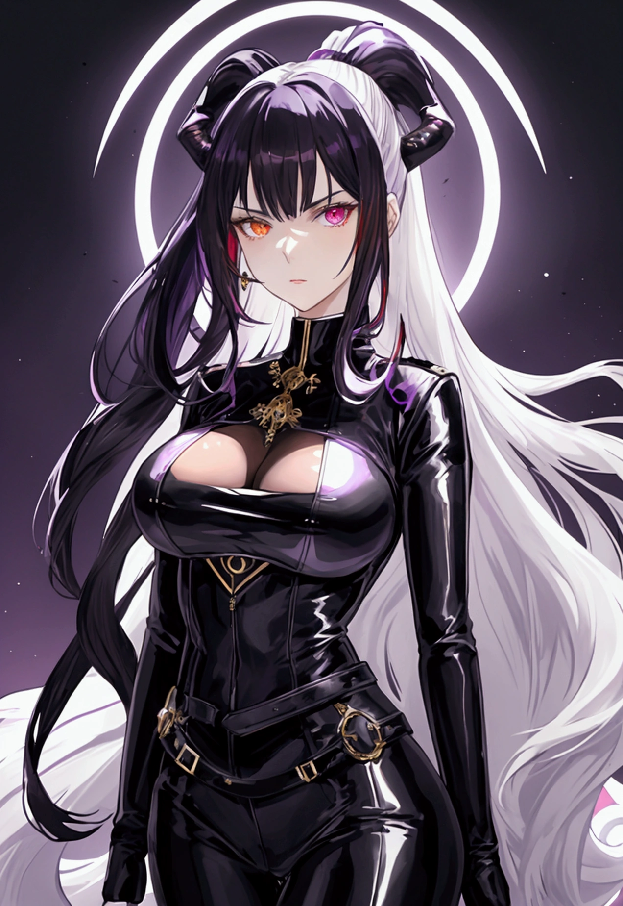 Tall mature woman, indifferent cold expression, heterochromia, purple and pale red eyes, black hair gathered in a high ponytail, open bodysuit outfit, marshal's uniform, belts, white and black clothes, goddess, divine light, pale complexion, goddess, dragon horns and tail