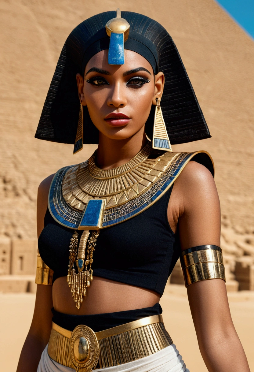 best quality masterpiece, the best definition to add aesthetic and lighting details Jackal black girl, egyptian clothing, teen girl, ,black body, egypt landscape, golden tattoo body, sensual eyes, yellow pupil 