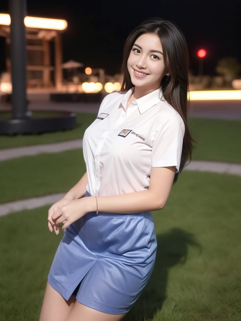 1girl, (uniform), standing, outdoors, night view, detailed Metropolitan city at the background, (Overhead view:1.2), (zoom out: 1.1), detailed face, cute little smile, detailed eyes, thick large breasts, smooth realistic skin, semi-curvy body, white shirt, grey blue short skirt, looking at the audience, (8k, RAW photo, best quality, masterpiece: 1.2), (realistic, realistic: 1.37), ultra-high resolution