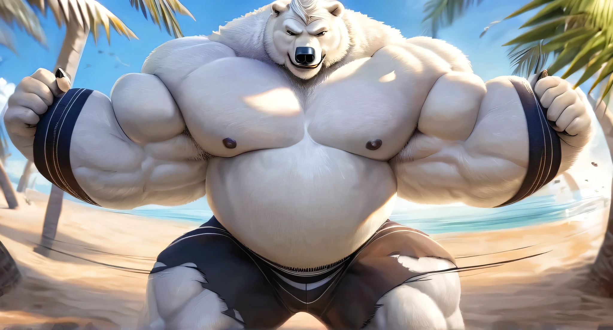 huge muscular polar bear Dad in deserted Tropical Beach, big smirk, polar bear, huge white fur, thick arm, huge arms. Short hair and white beard, white mustache, bearded, (muscular, pectoral, wide pectoral, thick arms), 350 pounds (159 kg) in weight correct anatomy, beach, palm, realistic, added grayish eyebrows, detailed eyes, 8k, masterpiece, (wearing torn black shorts, wrist wrapps and shirtless), straining, gainig massive muscle power, battling