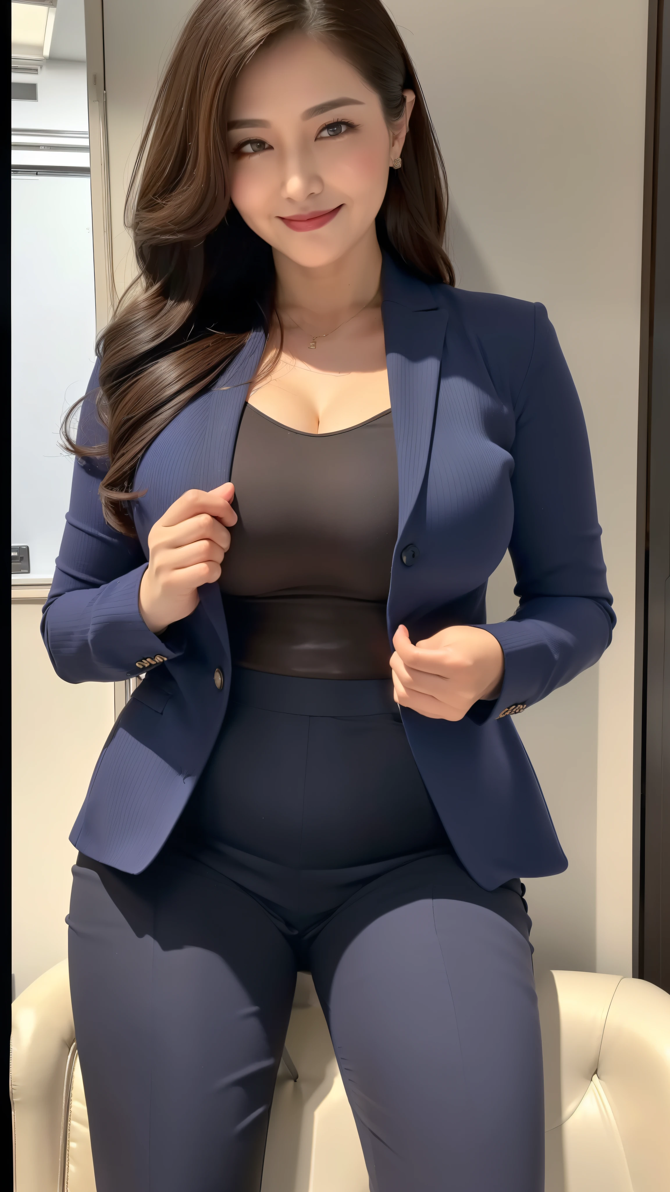 ((highest quality, 8k, masterpiece, Portraiture: 1.3)), (Watching the audience), (Full Shot:0.85), Attractive Mature Woman, 1 person, A little chubby:0.35,Brown semi-long、 white blouse with collar,Grey tight skirt、((big breasts 2.3)) (Large pelvis:0.8), (sitting in an office chair)), smile:0.2, President&#39;office,Good posture、(((Mature Woman))), (((56 years old)))evening、In a dimly lit office、

