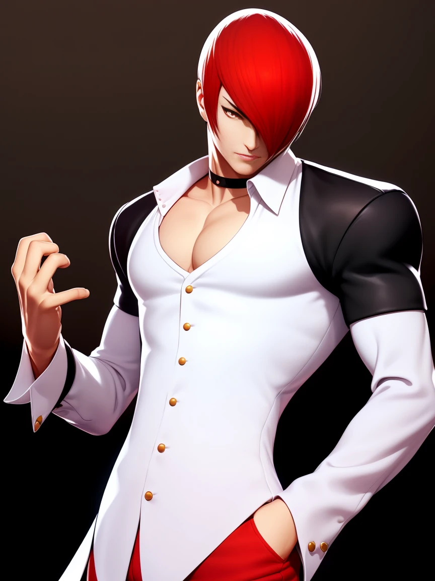 1boy,only, Iori Yagami, the King of fighters Perfect Details Add 8;7, Iori Yagami KOF,Iori Yagami,(Face with perfect details, Eyes with perfect details,),((half body closeup)), ((White background,)) simply background, ((Perfect body details,)),,Red hair,Red eyes,( black vest,) White nightgown, Red trousers, black shoes,White background,White background simple,