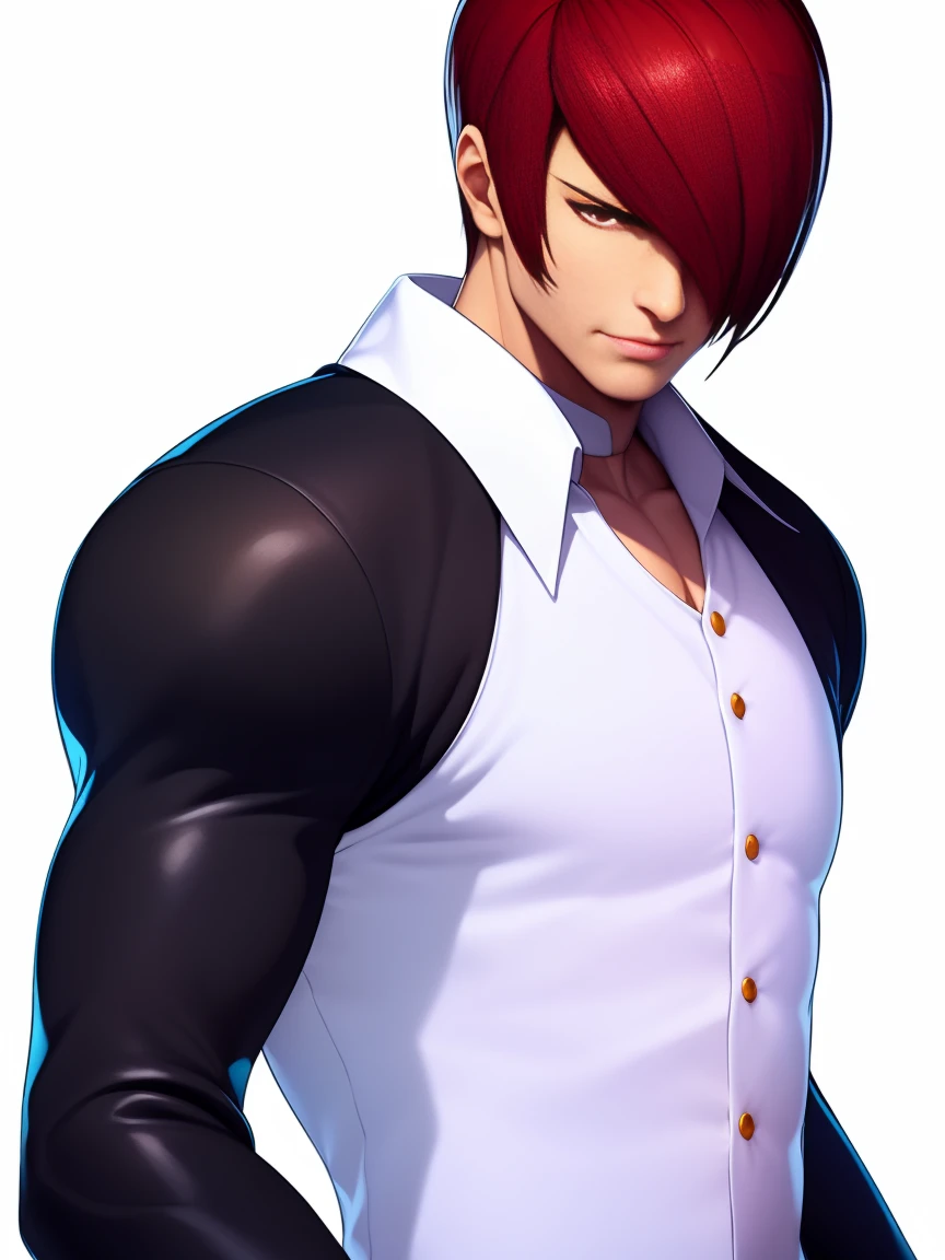 1boy,only, Iori Yagami, the King of fighters Perfect Details Add 8;7, Iori Yagami KOF,Iori Yagami,(Face with perfect details, Eyes with perfect details,),((half body closeup)), ((White background,)) simply background, ((Perfect body details,)),,Red hair,Red eyes,( black vest,) White nightgown, Red trousers, black shoes,White background,White background simple,