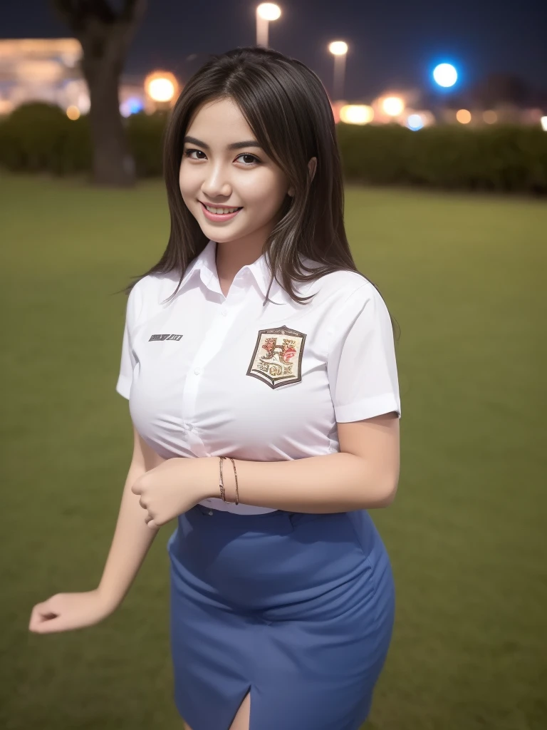 1girl, (uniform), standing, outdoors, night view, detailed Metropolitan city at the background, (Overhead view:1.2), (zoom out: 1.1), detailed face, cute little smile, detailed eyes, thick large breasts, smooth realistic skin, semi-curvy body, white shirt, grey blue short skirt, looking at the audience, (8k, RAW photo, best quality, masterpiece: 1.2), (realistic, realistic: 1.37), ultra-high resolution