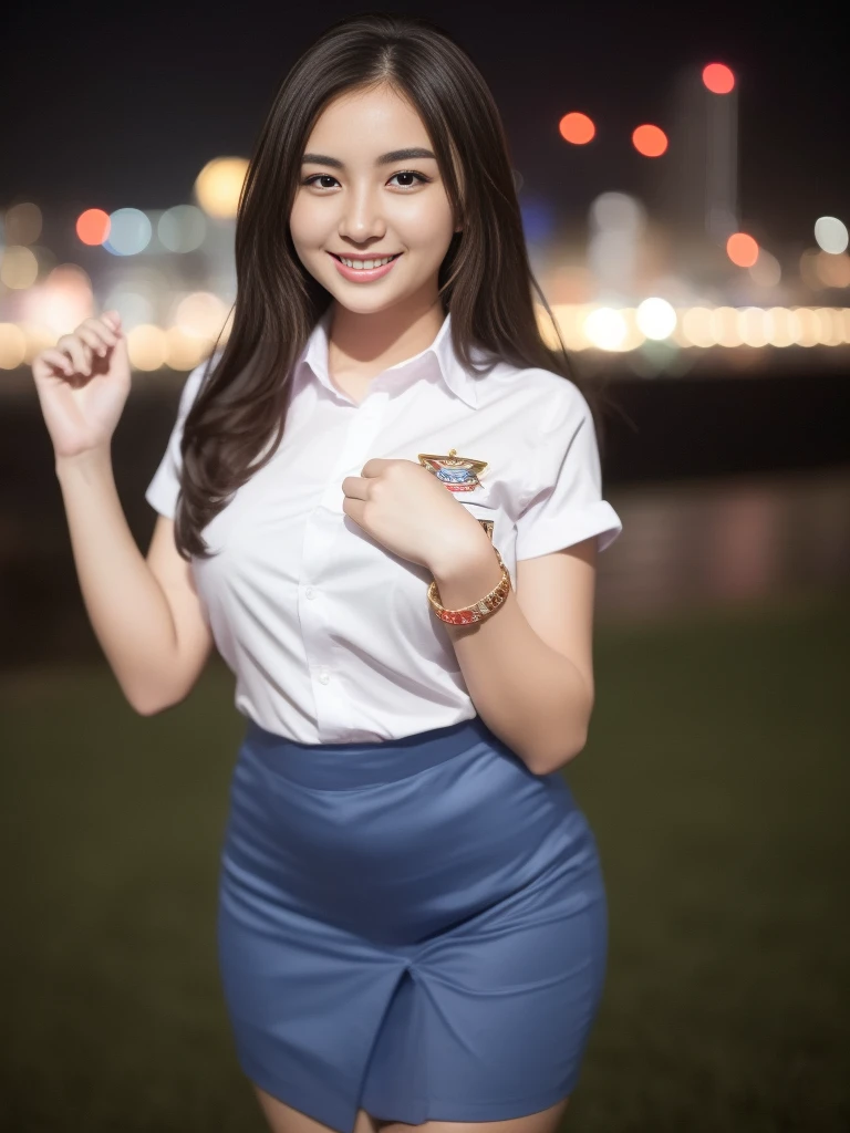 1girl, (uniform), standing, outdoors, night view, detailed Metropolitan city at the background, (Overhead view:1.2), (zoom out: 1.1), detailed face, cute little smile, detailed eyes, thick large breasts, smooth realistic skin, semi-curvy body, white shirt, grey blue short skirt, looking at the audience, (8k, RAW photo, best quality, masterpiece: 1.2), (realistic, realistic: 1.37), ultra-high resolution