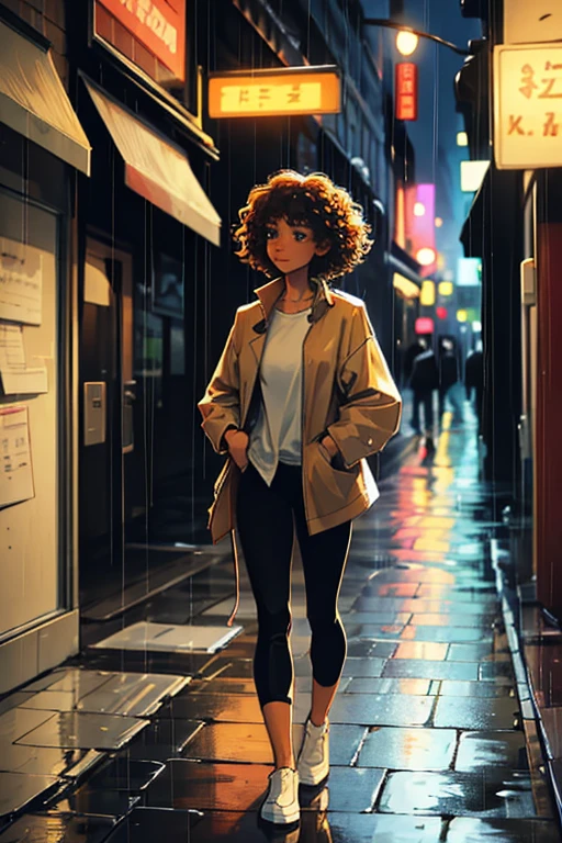 The sad curly woman, walks down the deserted street with his hands in his pocket, and the rain begins to fall