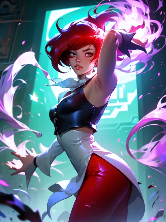 (The best quality,4k,High Resolutions:1.2),ultra detailed,(realist:1.37),Estilo Darkstalkers,red themed lighting,detailed pixel art,Red eyes,black eyeliner,sharp facial features,mysterious smile,body covered in intricate tattoos,Fiercely flowing red hair waving in the wind,black leather vest that fits perfectly to his muscular frame,white nightgown fluttering around her,red pants hugging her legs,black shoes shining with elegant polish