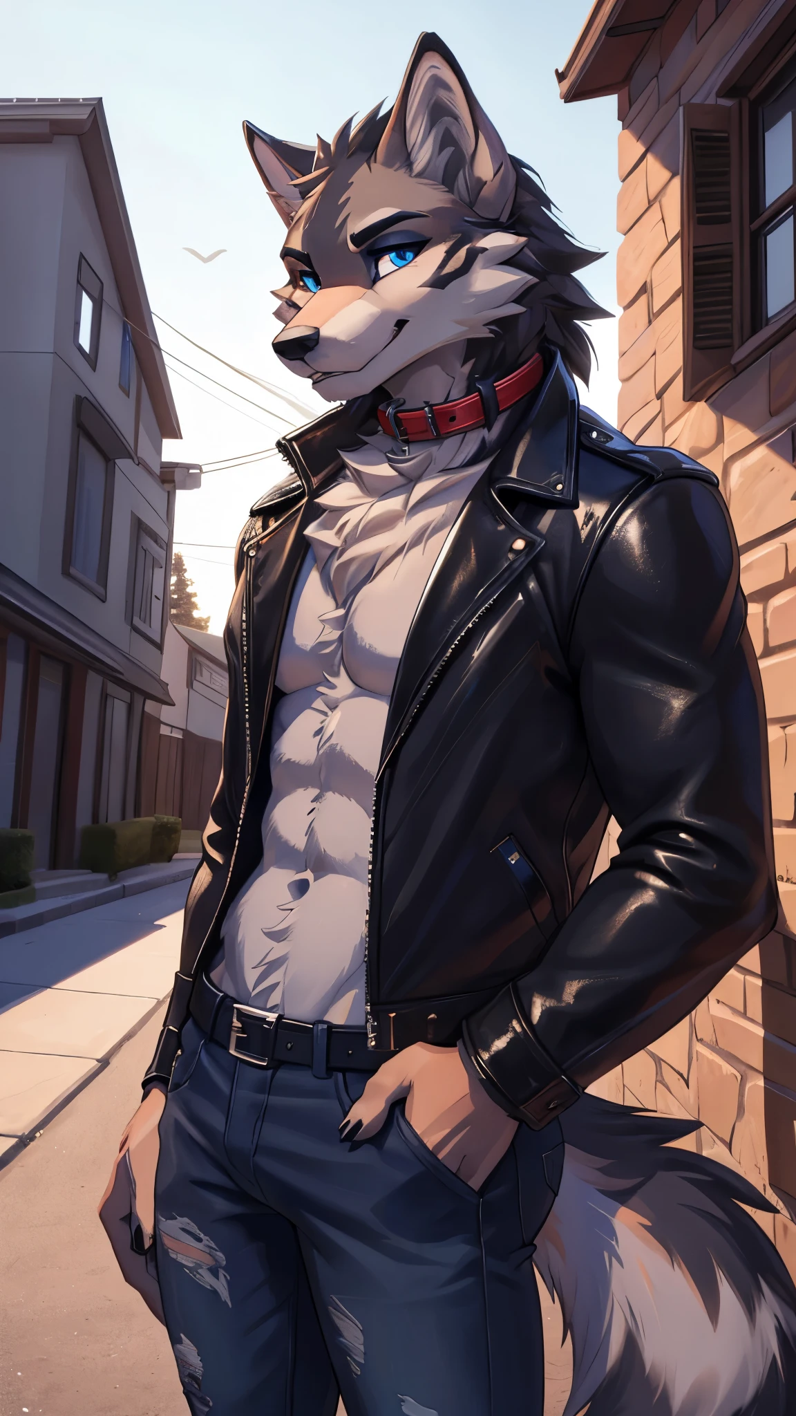 Sexy posting, 1Male, 30 years old, cute, eyeliner, lip biting smile, black leather jacket, anthro, wolf ears, Timberwolf, (front yard side walk background), 8k, hi res, (best quality, masterpiece), detailed fur, red collar, blue jeans, blue eyes, standing, seductive. Black fur