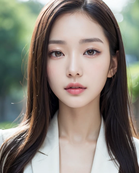 ((best quality)), ((masterpiece:1.3)), (detailed), (Photorealsitic:1.4), (golden ratio face) , (named YUNA_LEE), ((Double Eyelids)), (korean), (Slender girl), 1 girl, korean, kpop, 21 years old, long black straight hair, (symmetrical) (hazel) eyes, pale detailed skin with pores, skinny and athletic boddy, 38B bra size, Slender Abs: 1.2, Narrow waist, Masterpiece, Top Quality, 8k, UHD. (BREAK). Looking at the viewer, close portrait, Bokeh, white blouse and navy blue blazer.