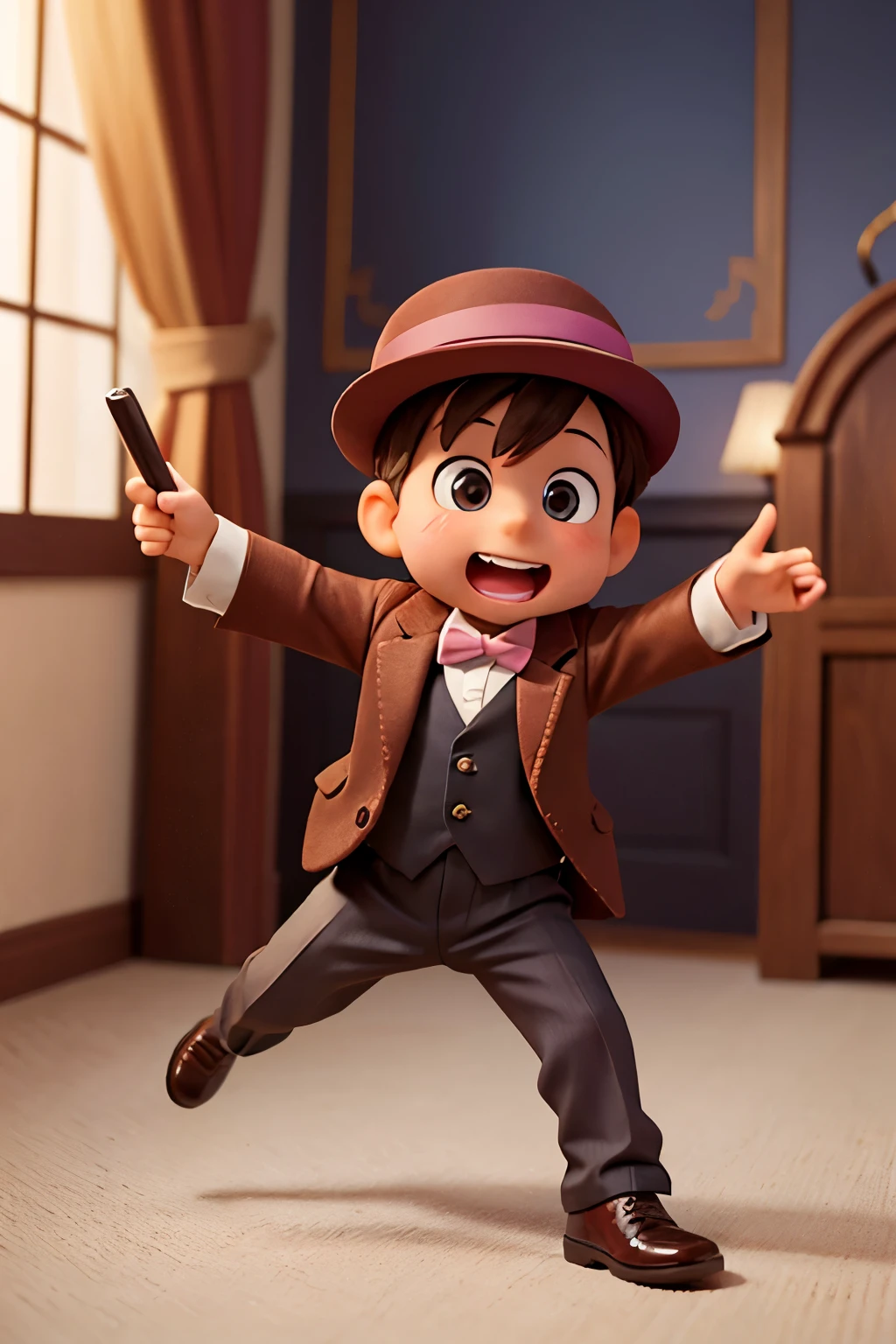 Create an image of an excited 6--old  with brown hair and eyes, wearing a bowler hat playing detective