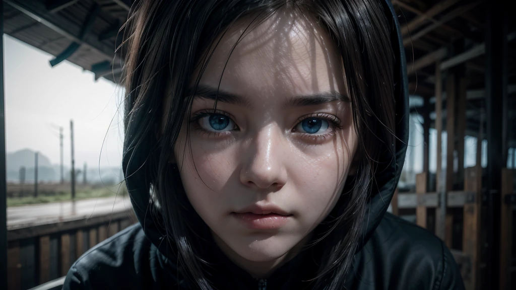 One woman, approximately 25 years old, in loose, lightweight black clothing, wearing a prominently visible balaclava, hanging by one hand from a rusted metal structure. She has striking blue eyes, adding to the eerie atmosphere. The background is randomly generated, adding an unpredictable element to the scene, with a sense of mystery and solitude. The woman's face and other visible parts of her body are rendered with maximum detail and high quality. The image evokes a suspenseful mood, with a close-up shot, shallow depth of field, and soft, diffused lighting. Dark atmosphere, with an element of randomness in the environment.