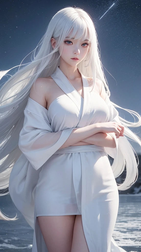 Delicate and dainty young woman with long glossy white hair. She is wearing a white only short thigh-baring kimono. The background is a fantastic and ethereal night sky with a heavy snowstorm. Her expression is stern and atmospheric. Strong winds.