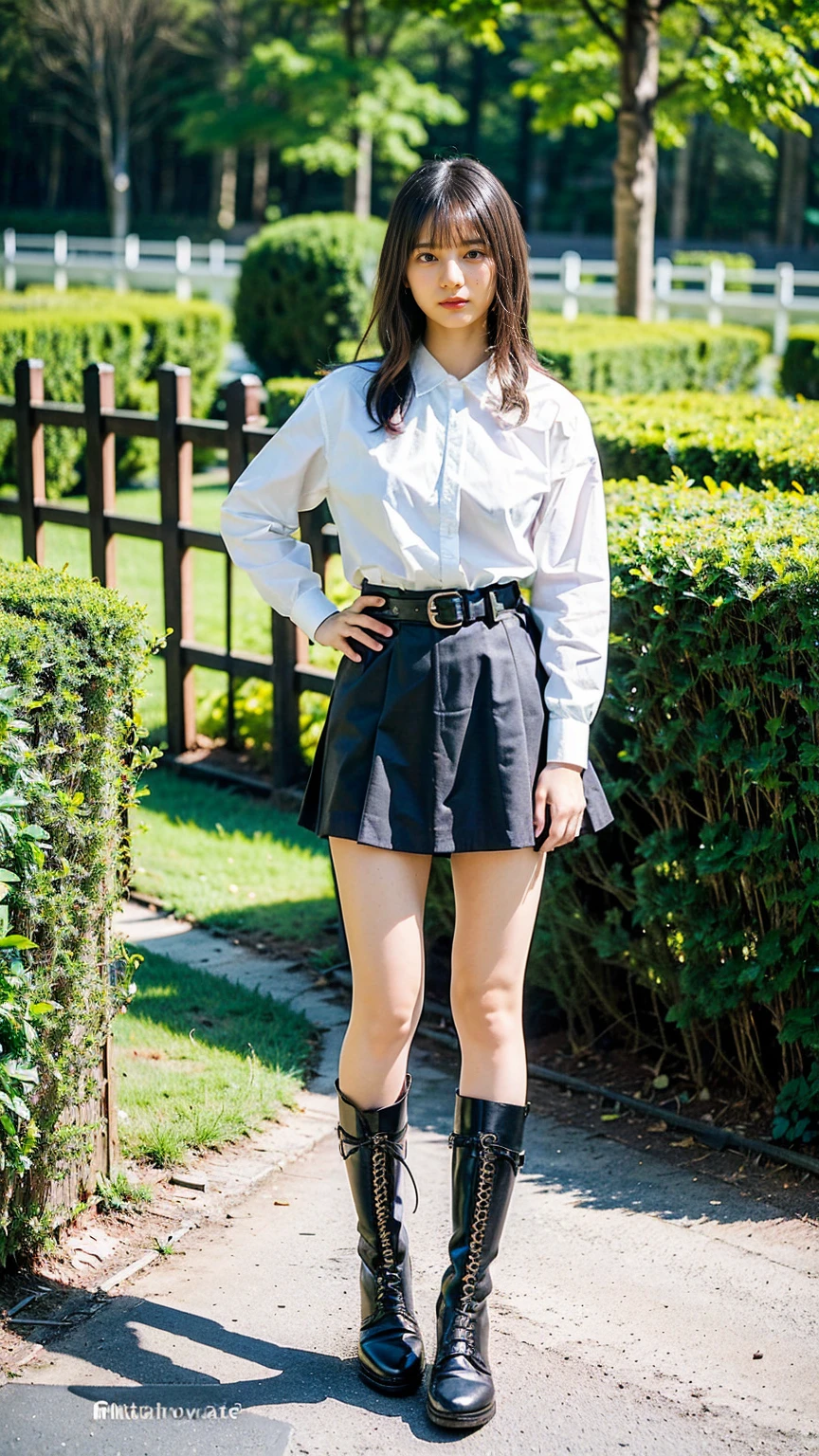 (8k、RAW Photos、Highest quality、masterpiece:1.2)、(Realistic、Realistic)、1 girl、((Black Mini Skirt、White shirt、belt、boots、Accentuate your breasts、whole body、garden、View from the front、Looking into the camera、Stand with hands on hips))、